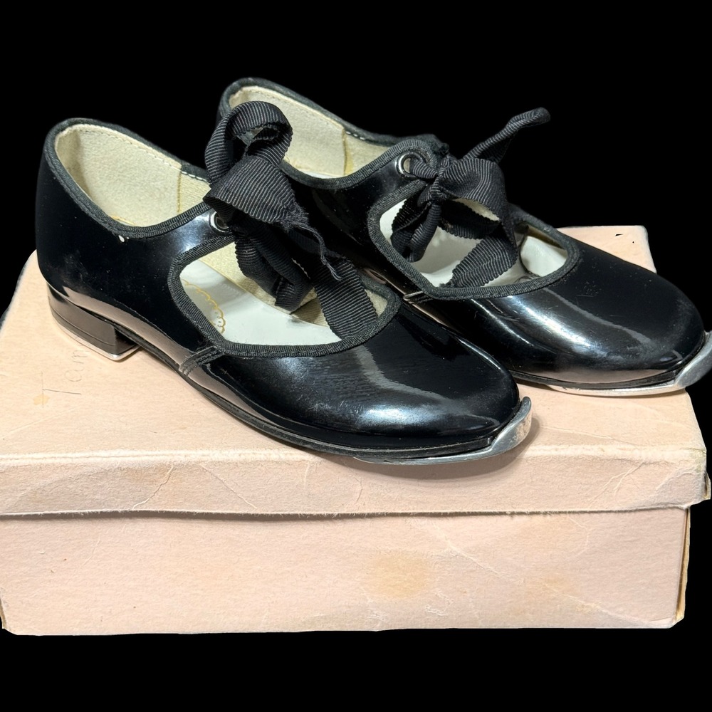 La Mendola Vintage Black Patent Leather Tap Shoes Dancette Taps Mary Jane 70's‎